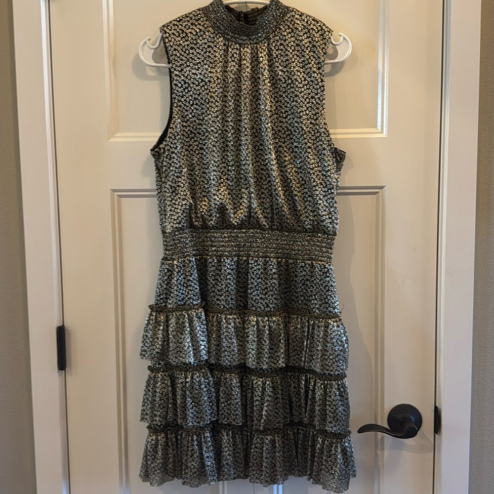 1. State Black and Gold Tiered Mini Dress